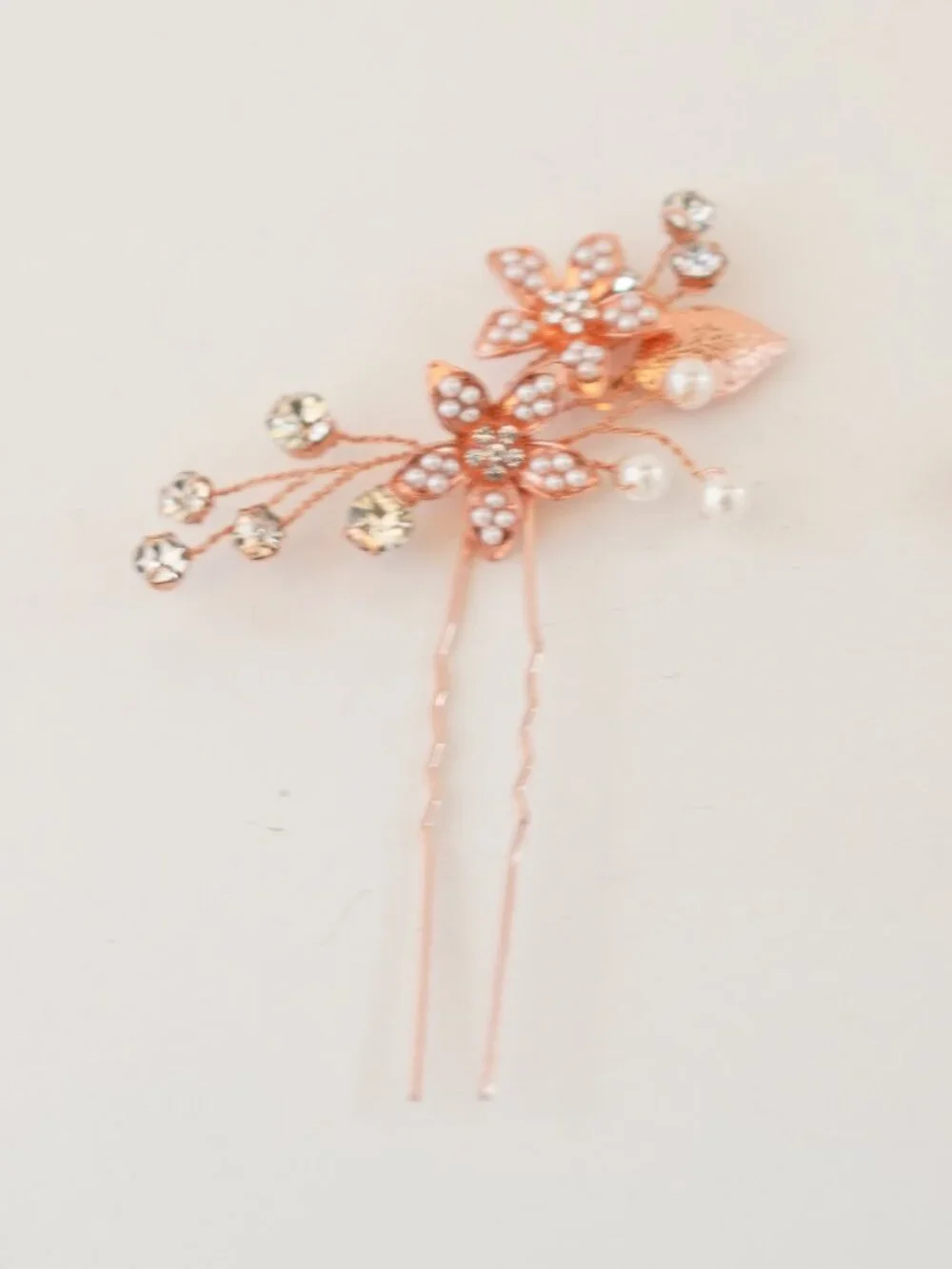 Set of 3 Rose Gold Floral Bridal Hair Pins Rhinestone Pearl Wedding Hair Accesso